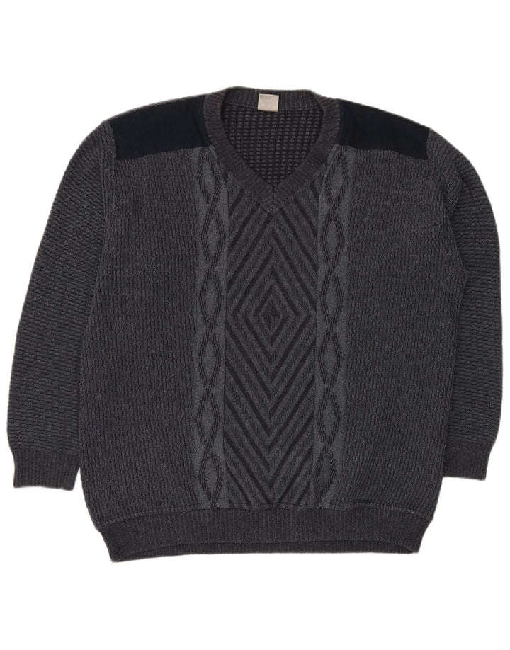 VINTAGE muški džemper s V-izrezom IT 50 srednje sivi geometrijski