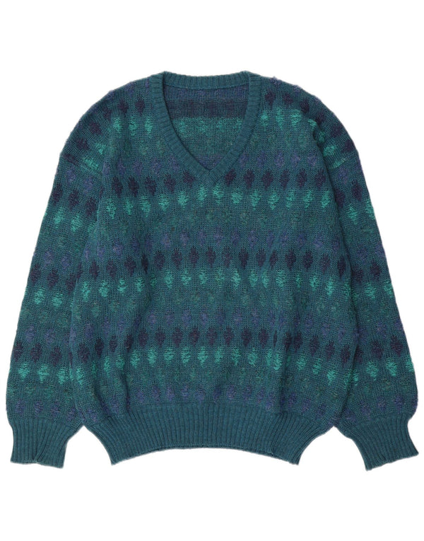 Vintage muški džemper s V-izrezom IT 54 XL Plava Fair Isle vuna