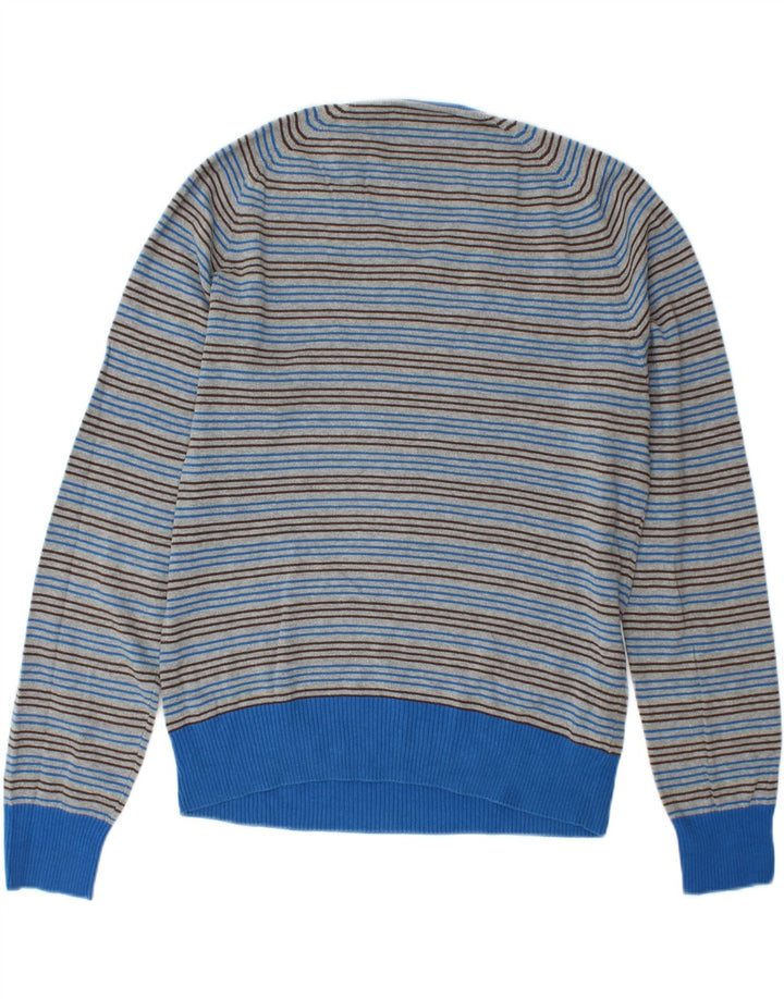 PENGUIN Mens V-Neck Jumper Sweater Medium Blue Striped Cotton Vintage Penguin and Second-Hand Penguin from Messina Hembry 
