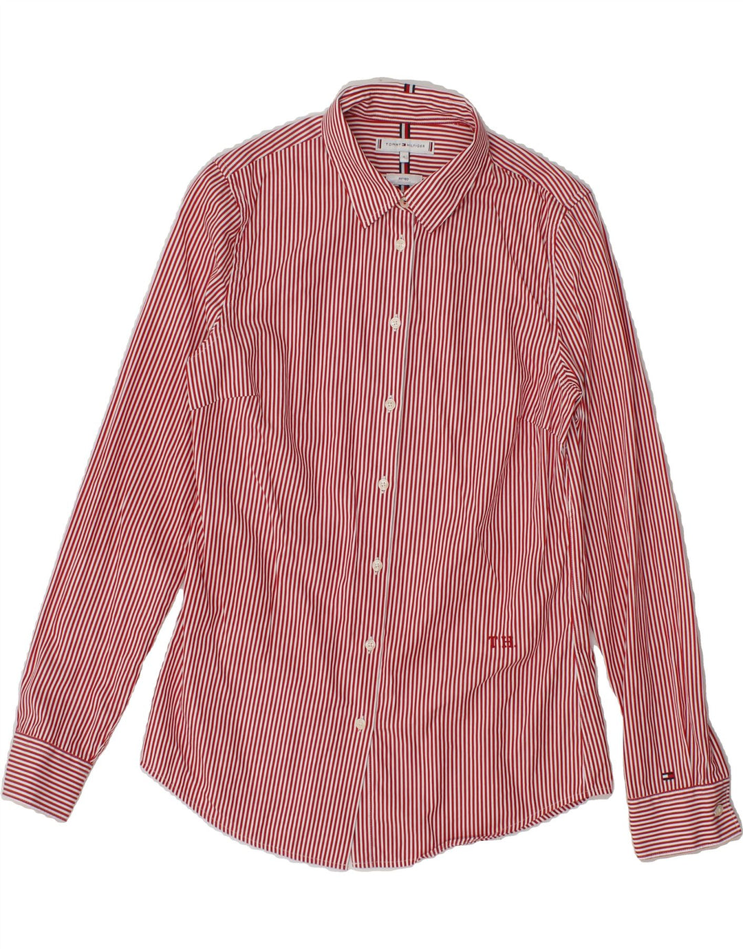 TOMMY HILFIGER Womens Fitted Shirt US 6 Medium Red Pinstripe Cotton Vintage Tommy Hilfiger and Second-Hand Tommy Hilfiger from Messina Hembry 