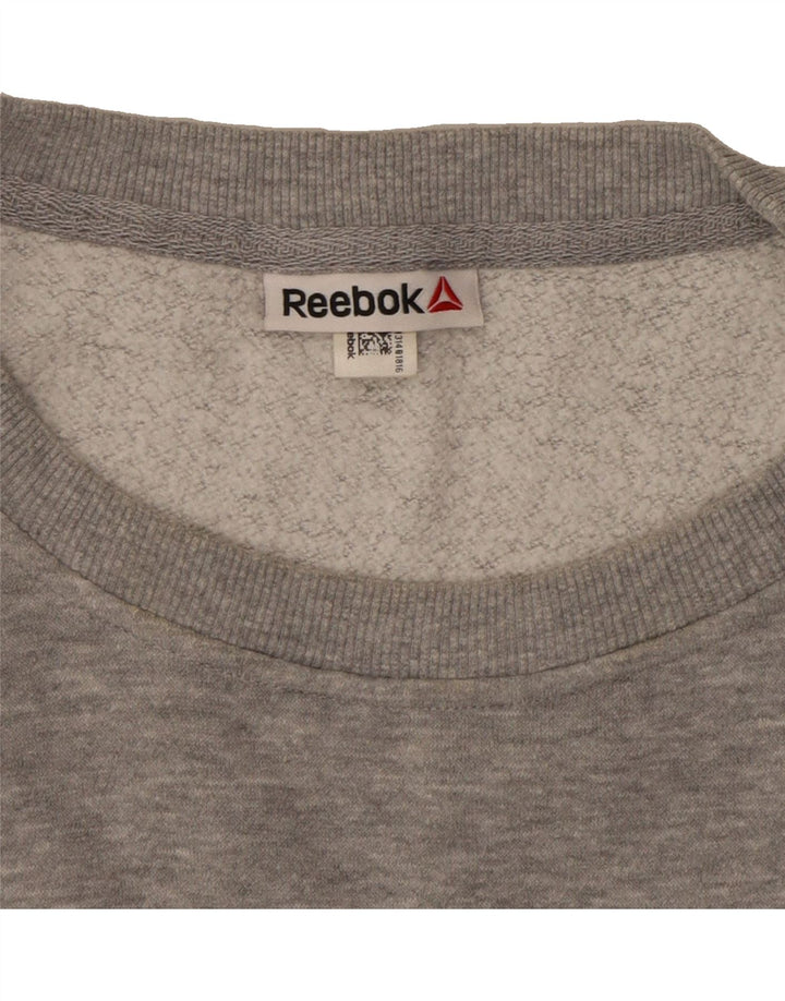 REEBOK Womens Graphic Sweatshirt Jumper UK 16 Large Grey Vintage Reebok and Second-Hand Reebok from Messina Hembry 