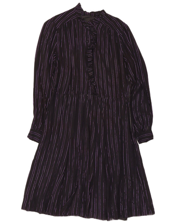 Vintage ženska haljina A kroja s volanima sprijeda UK 14 Srednje ljubičasta na pruge