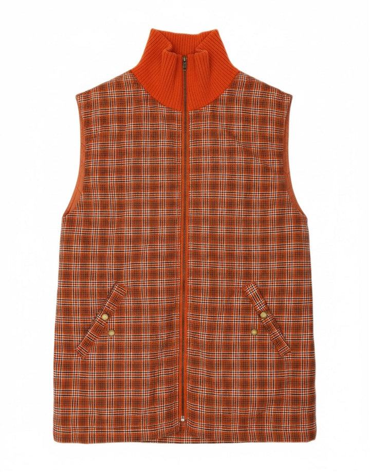 NO PROBLEM Womens Longline Gilet UK 14 Large  Orange Check Polyamide