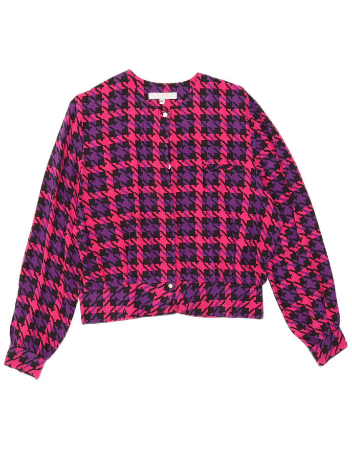 Vintage ženska prevelika košulja bluza IT 46 velika ružičasta svila s houndstooth