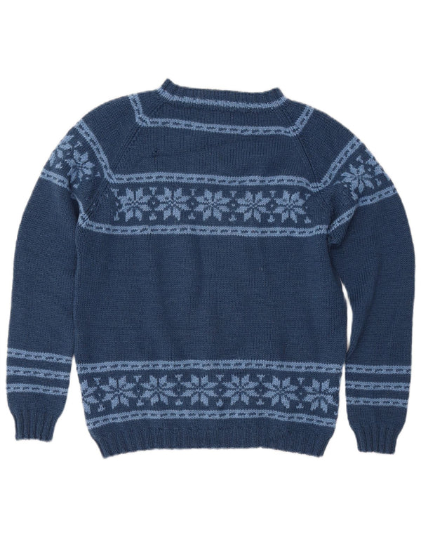 VINTAGE ženski džemper s brodskim izrezom UK 12 Srednje mornarsko plavi Fair Isle