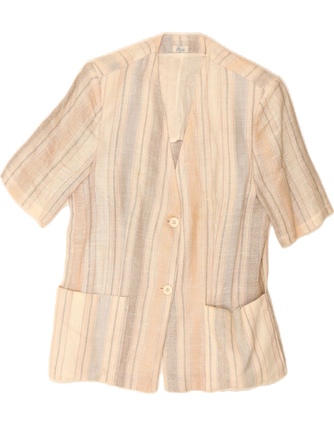 VINTAGE Womens Short Sleeve Blazer Jacket IT 46 Large Beige Striped Vintage Vintage and Second-Hand Vintage from Messina Hembry 