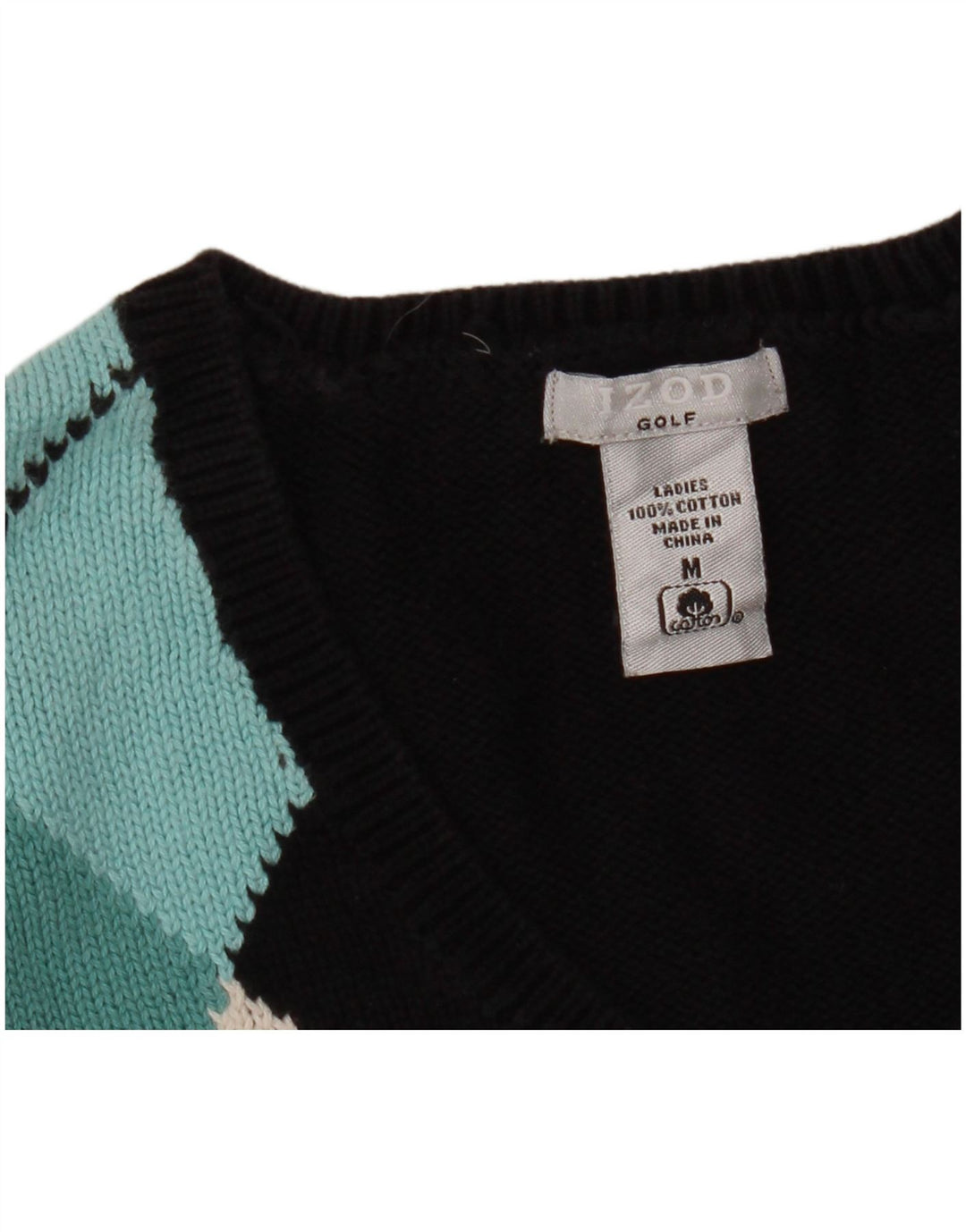 IZOD ženski džemper s V-izrezom za golf UK 12 Srednji crni Argyle/Diamond