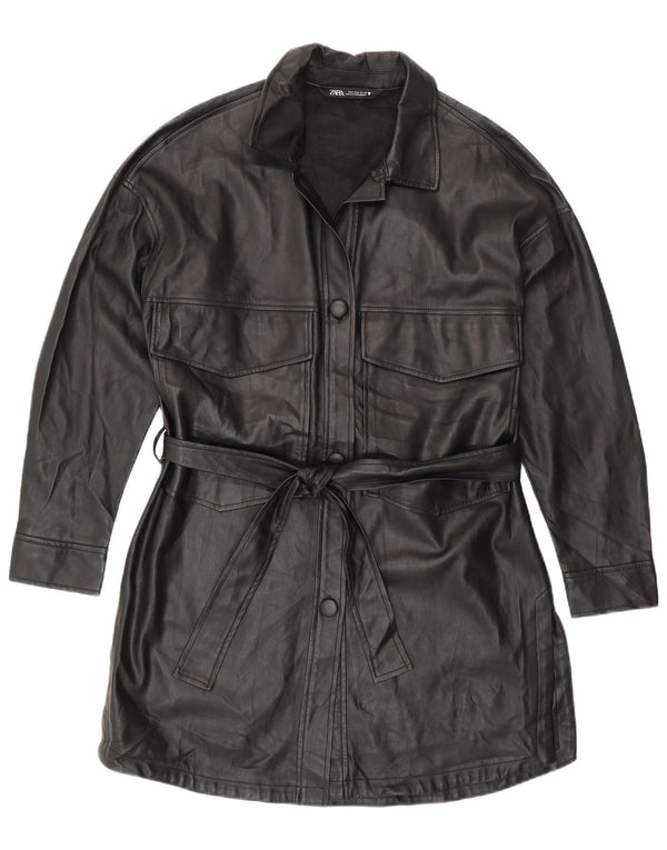 Zara Womens Faux Leather Coat UK 10 Small Black Polyurethane Modern