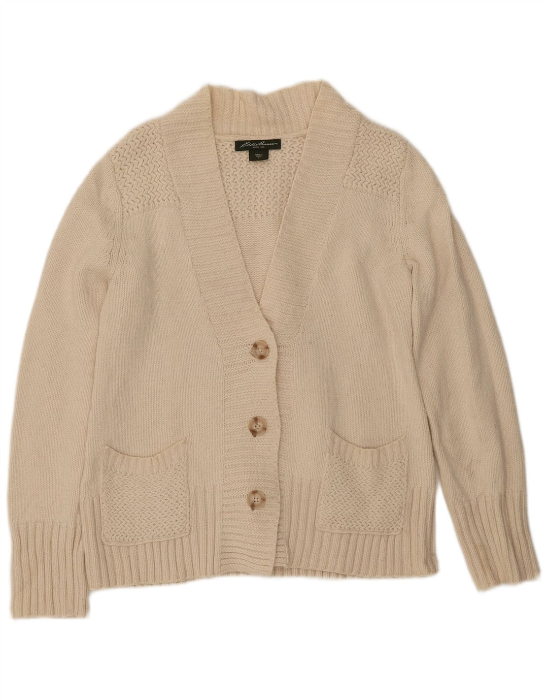 EDDIE BAUER Womens Cardigan Sweater UK 14 Medium Off White Cotton