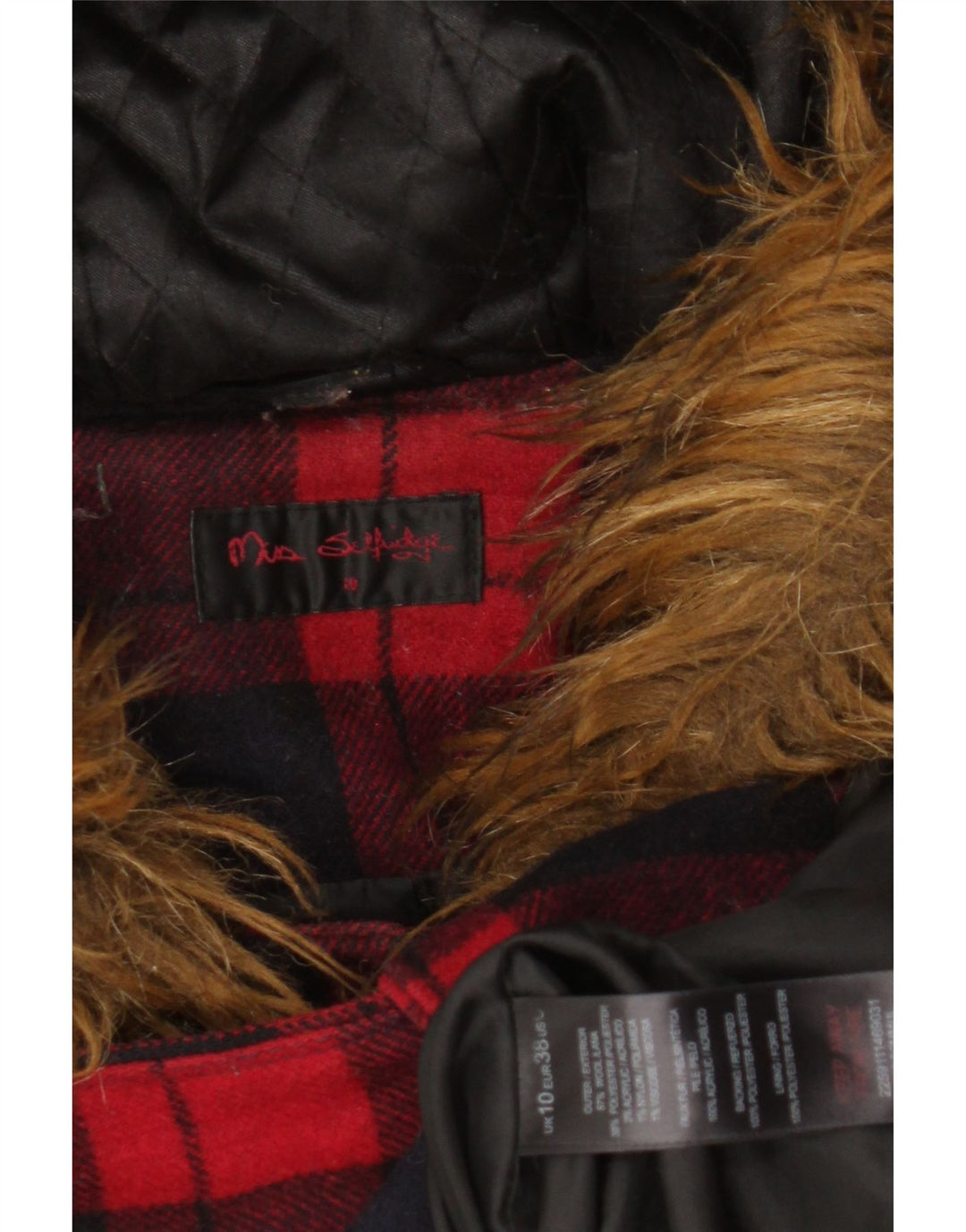 Miss Selfridge Ženska Duffle jakna s kapuljačom UK 10 Mala crvena karirana vuna