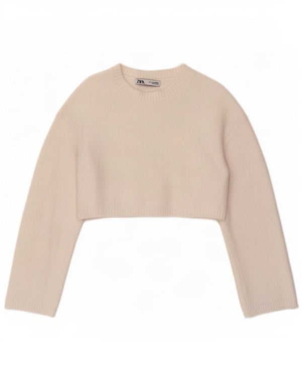 Zara Womens Crop Crew Neck Jumper Sweater UK 10 Small White Nylon