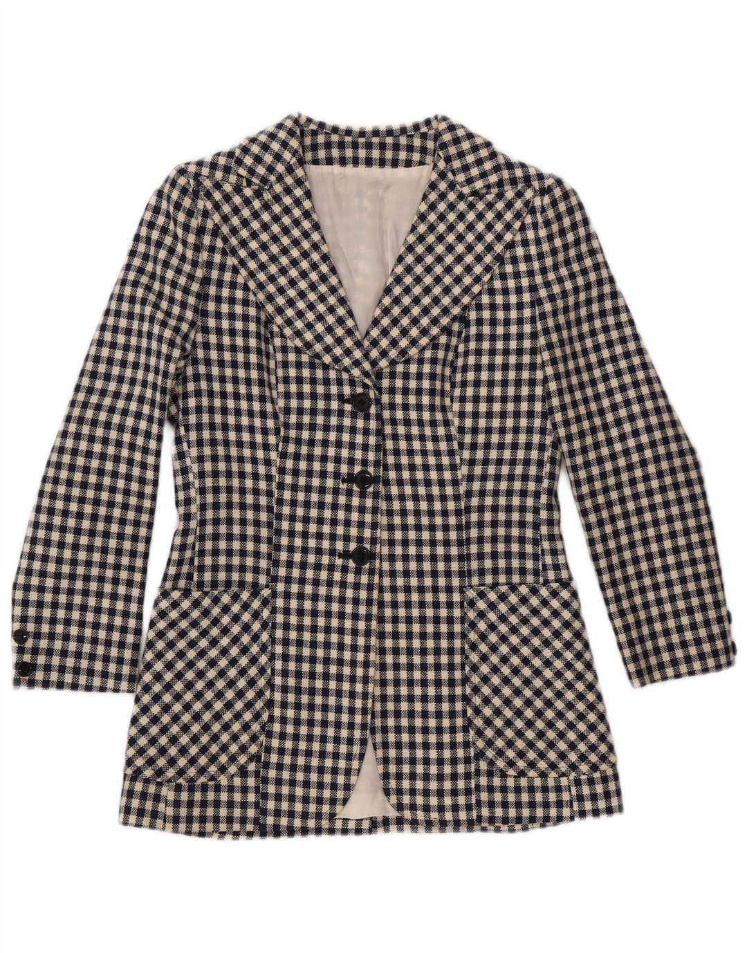 VINTAGE ženski sako s 3 gumba UK 10 Mali tamnoplavi gingham