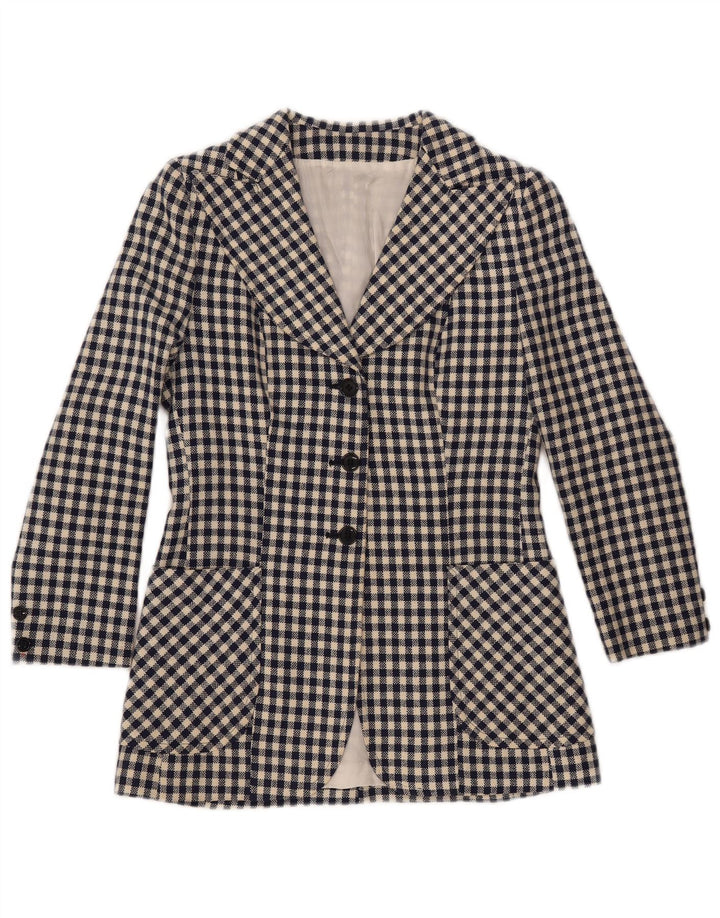 VINTAGE ženski sako s 3 gumba UK 10 Mali tamnoplavi gingham