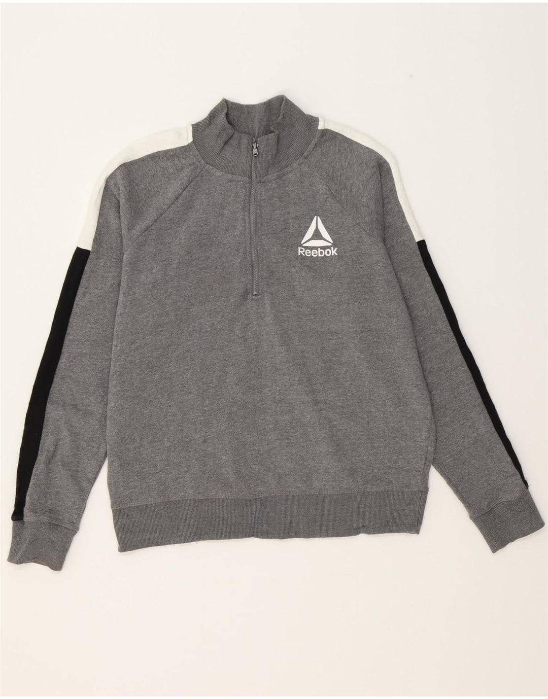 REEBOK Womens Zip Neck Sweatshirt Jumper UK 14 Medium Grey Colourblock Vintage Reebok and Second-Hand Reebok from Messina Hembry 