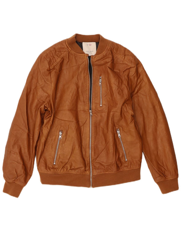Zara Boys Leather Jacket 13-14 Years Brown Leather