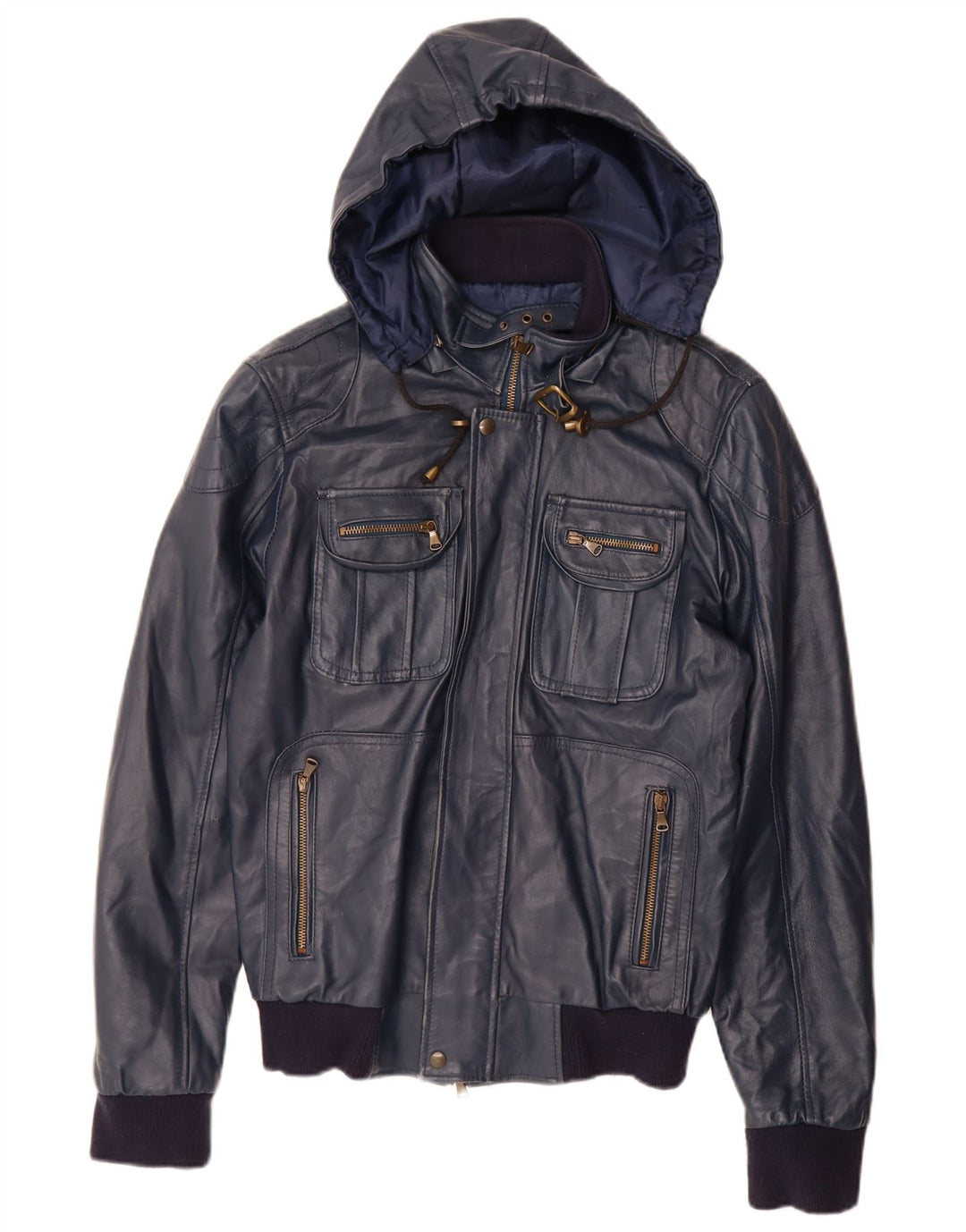 VINTAGE ženska kožna jakna s kapuljačom UK 14 Velika tamnoplava koža