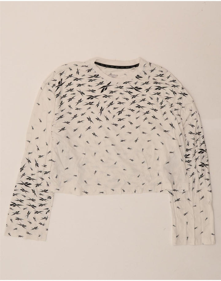 REEBOK Womens Oversized Graphic Crop Top Long Sleeve UK 8/10 Small White Vintage Reebok and Second-Hand Reebok from Messina Hembry 