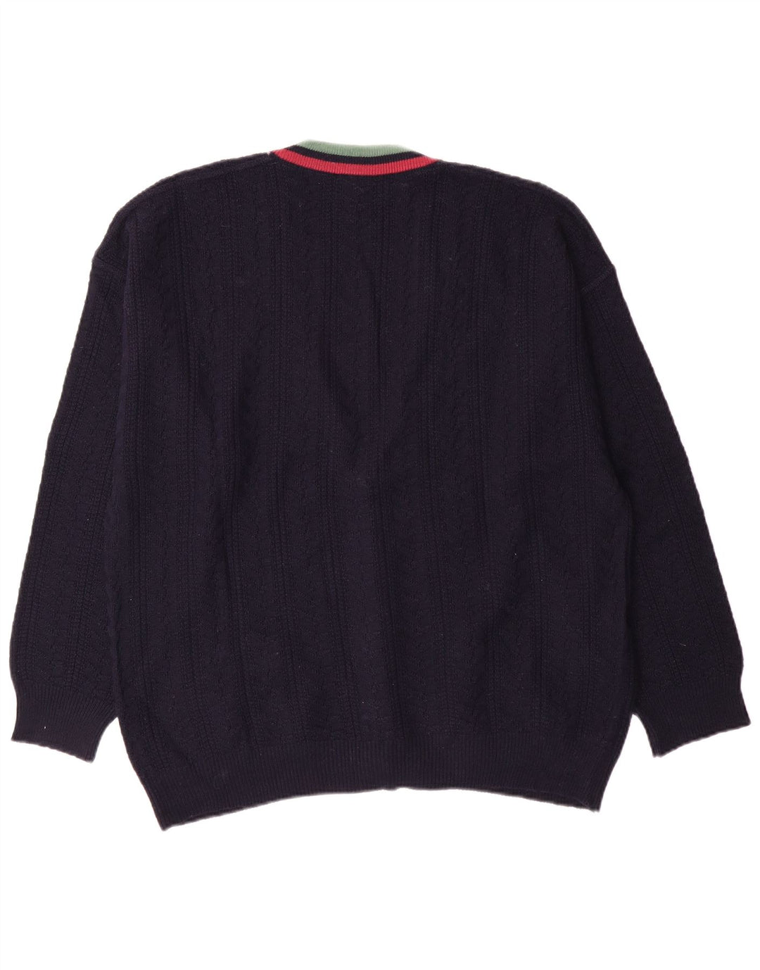 Bijeli muški kardigan pulover srednje tamnoplave vune na pruge, klasični