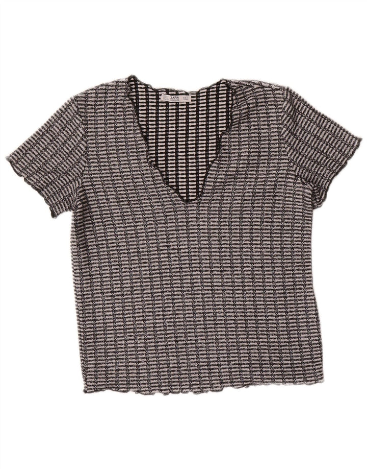 ZARA Womens Crop Blouse Top UK 10 Small Black Geometric