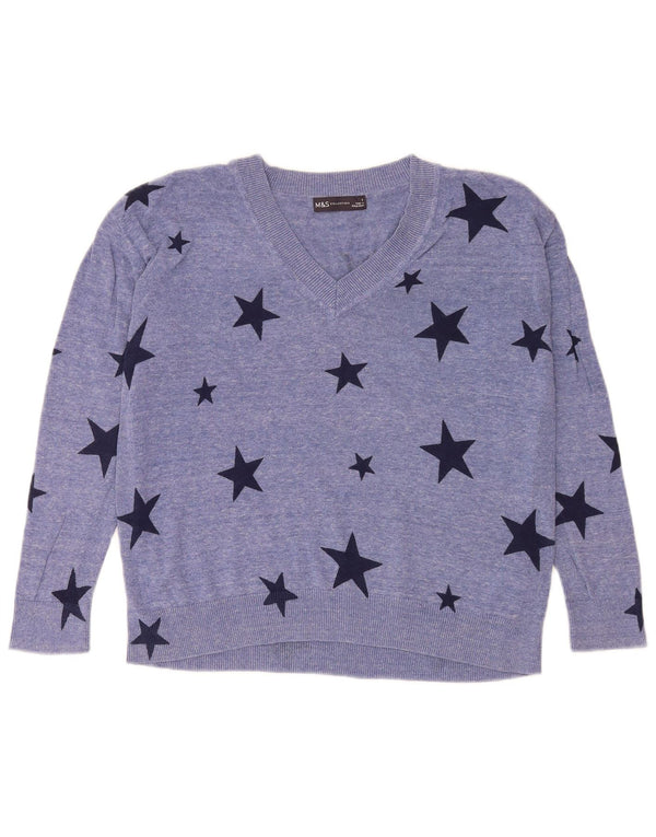 Marks & Spencer ženski džemper s grafičkim V-izrezom UK 10 Small Blue