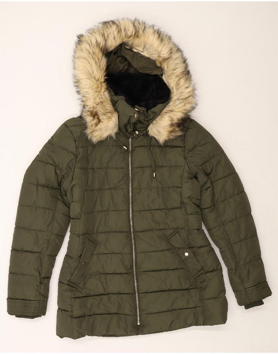 ZARA Womens Hooded Padded Jacket UK 16 Large Khaki Polyester Vintage Zara and Second-Hand Zara from Messina Hembry 