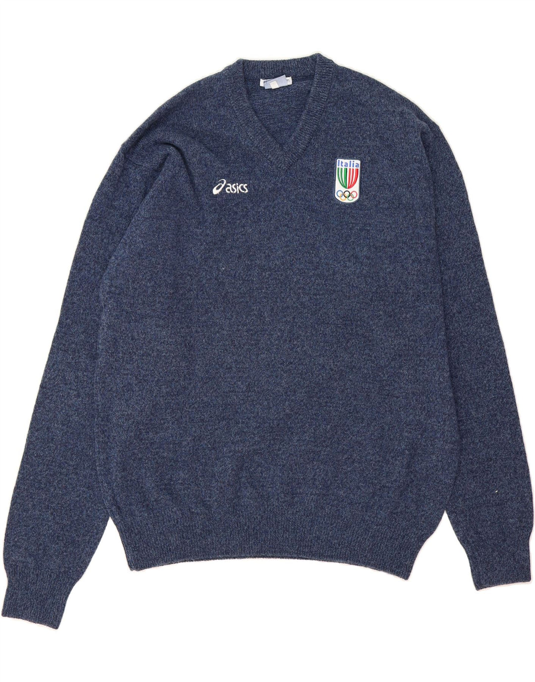 ASICS Mens V-Neck Jumper Sweater XL Blue Flecked Wool Vintage Asics and Second-Hand Asics from Messina Hembry 