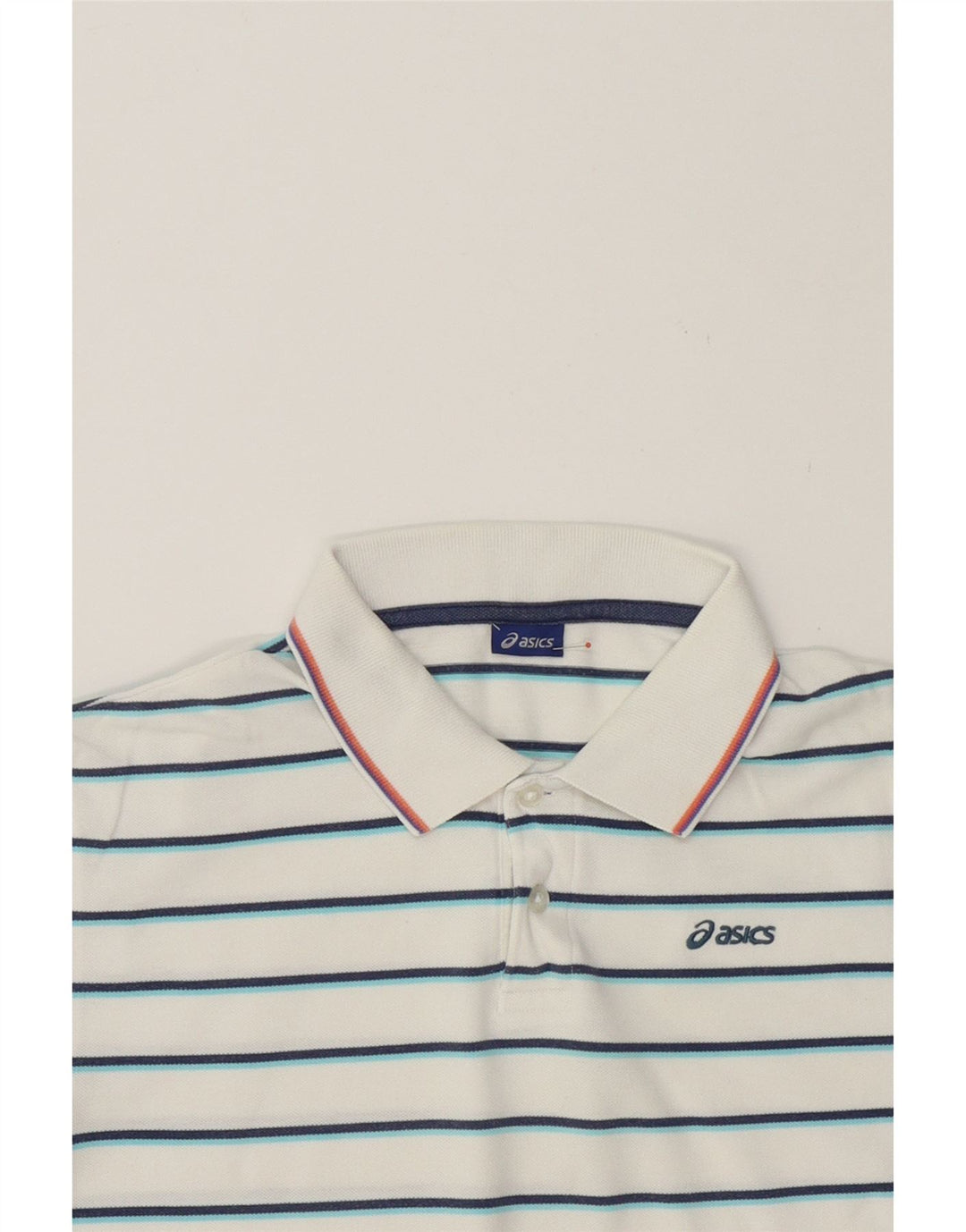 ASICS Boys Polo Shirt 13-14 Years Medium White Striped Cotton Vintage Asics and Second-Hand Asics from Messina Hembry 