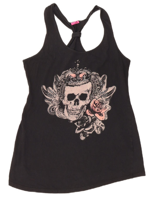 VINTAGE Ženski grafički prsluk UK 12 Srednji crni pamuk