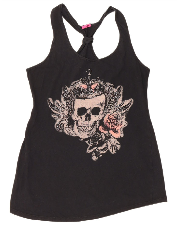 VINTAGE Ženski grafički prsluk UK 12 Srednji crni pamuk