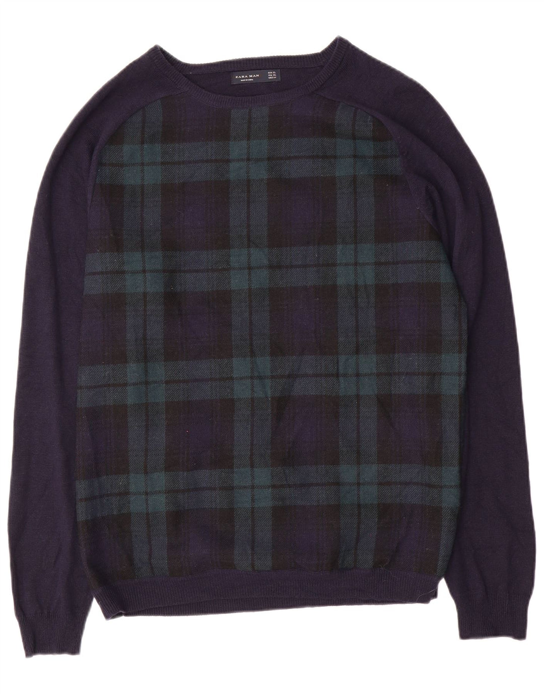 ZARA muški džemper s veznim izrezom XL tamnoplavi karirani