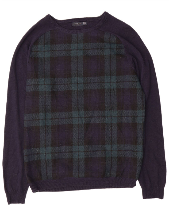 ZARA muški džemper s veznim izrezom XL tamnoplavi karirani