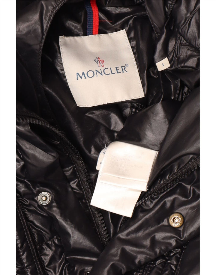 Moncler ženska jakna s kapuljačom i podstavljenim krojem veličine 1, mala crna poliamidna