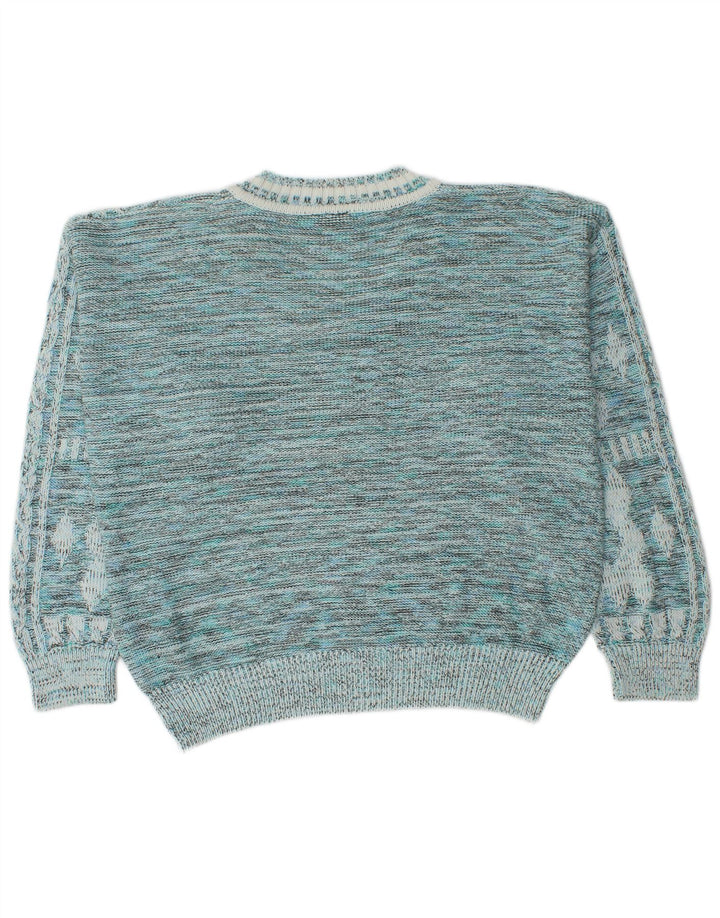 Vintage muški džemper s V-izrezom IT 52 Veliki plavi geometrijski pamuk