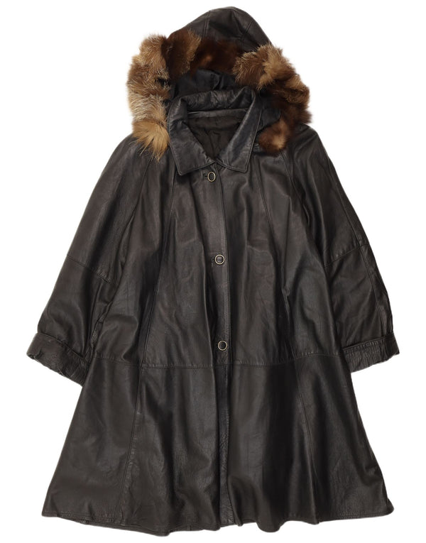 VINTAGE ženski široki kožni kaput s kapuljačom UK 14 Srednje crna koža