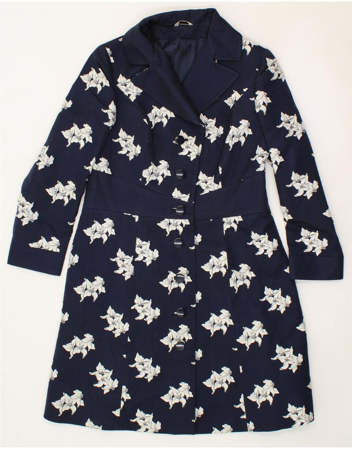 VINTAGE Womens Overcoat IT 46 Large Navy Blue Floral Vintage Vintage and Second-Hand Vintage from Messina Hembry 