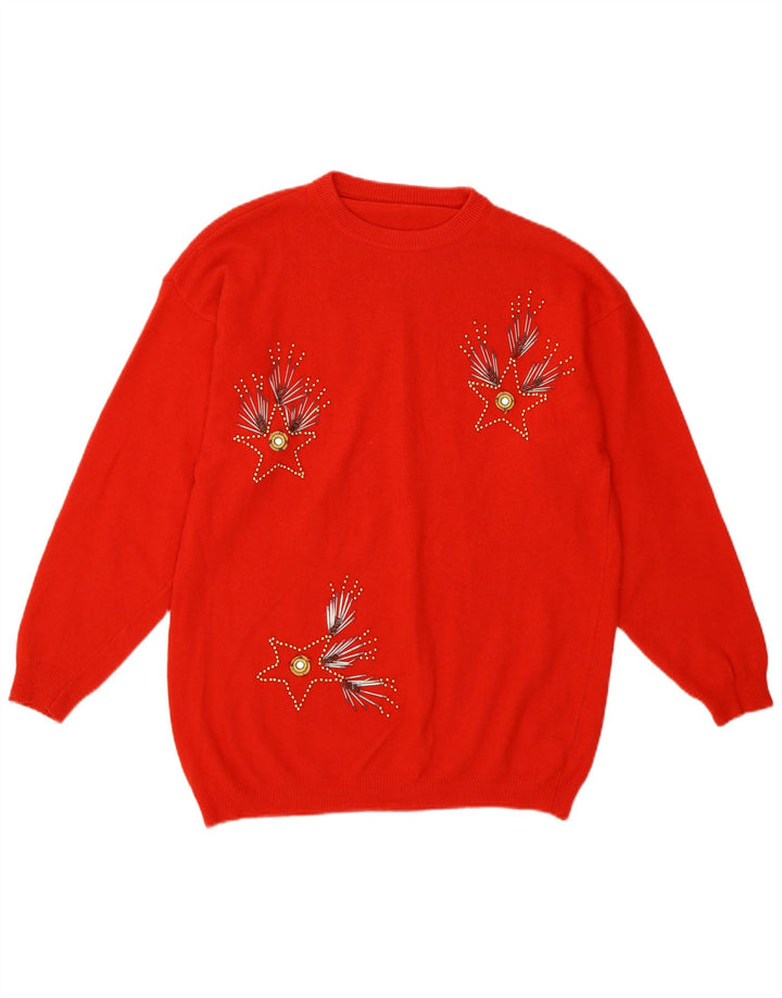 Vintage ženski pulover s okruglim izrezom s apstraktnim uzorkom UK 14 srednje crvene boje