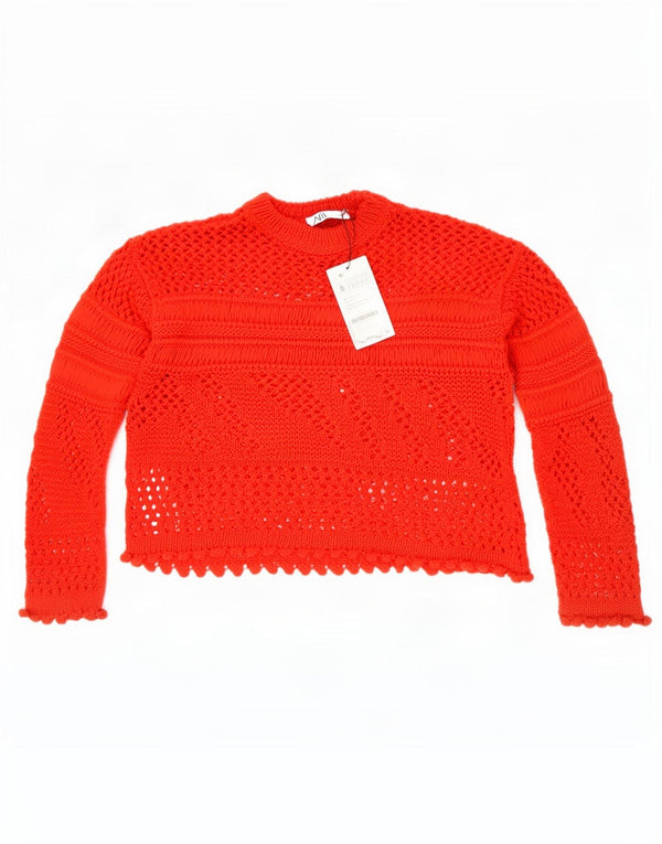 Zara Womens Crochet Crew Neck Jumper Sweater UK 10 Small Red Acrylic