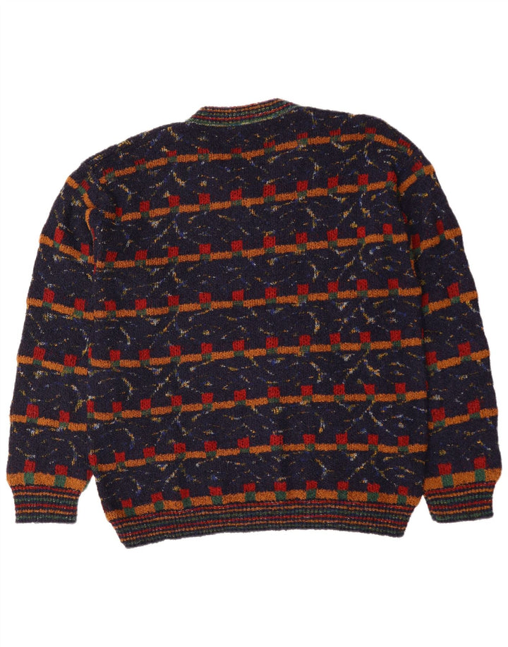 VINTAGE muški pulover s V-izrezom XL tamnoplava geometrijska vuna