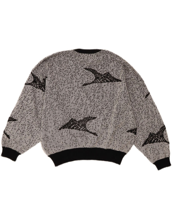 Vintage ženski kratki džemper s apstraktnim uzorkom s okruglim izrezom UK 18 XL sivi