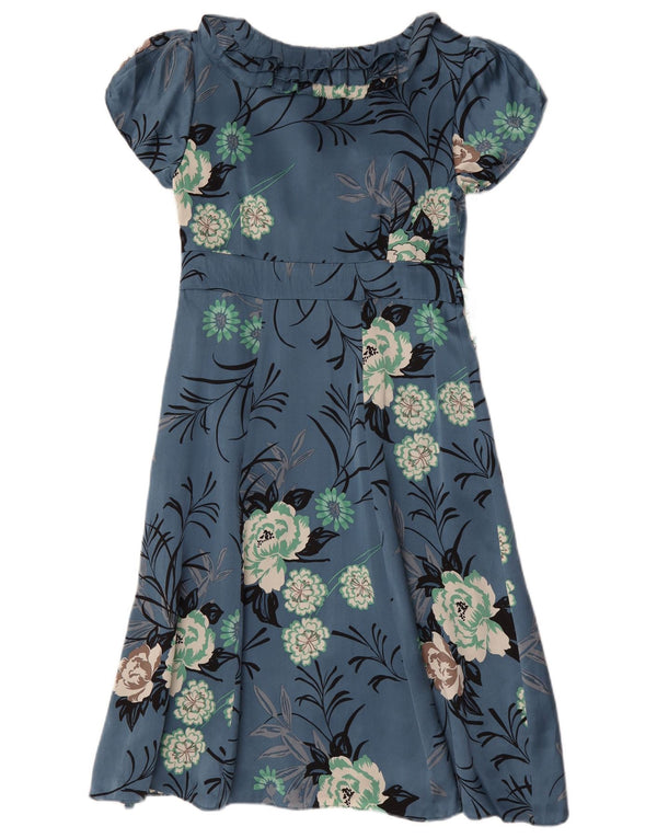 Monsoon Womens Ruffle Front A-Line Dress UK 12 Medium Blue Floral Silk