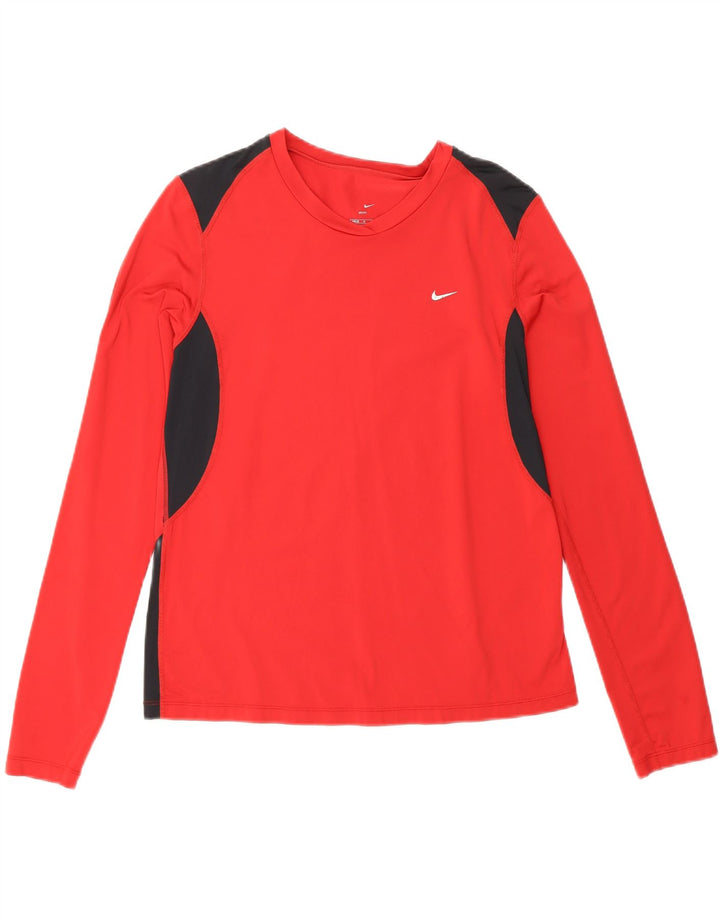 NIKE Womens Dri Fit Top Long Sleeve UK 8/10 Medium Red Colourblock