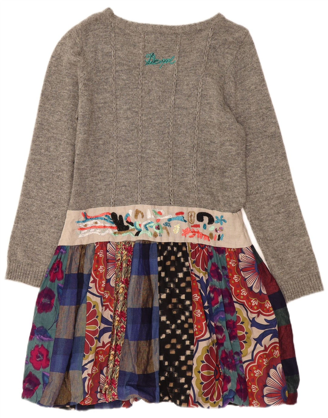 DESIGUAL Womens Long Sleeve Jumper Dress EU 44 XL Grey Patchwork Linen