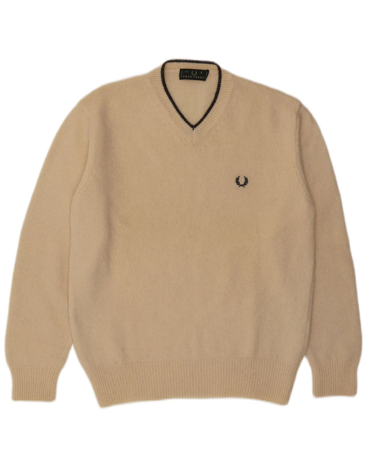 Veliki bež vuneni muški džemper s V-izrezom Fred Perry