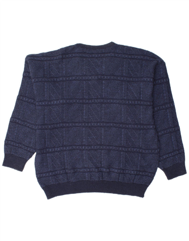 MONELLO Mens V-Neck Jumper Sweater IT 50 Medium Navy Blue Geometric Wool