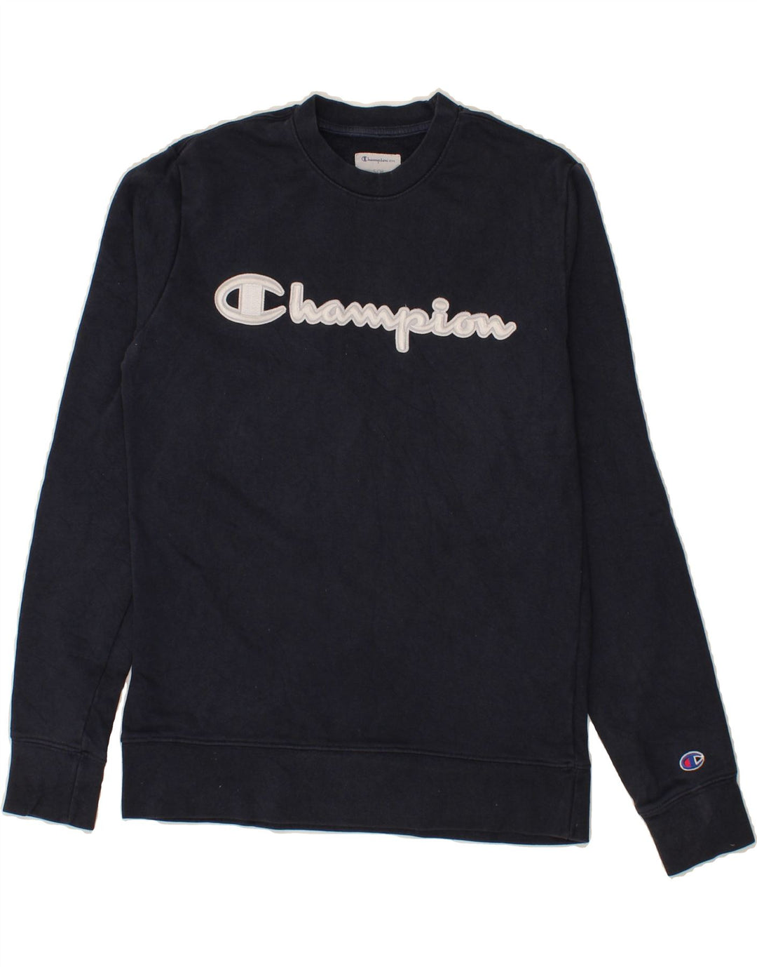 CHAMPION Mens Graphic Sweatshirt Jumper Small Navy Blue Cotton Vintage Champion and Second-Hand Champion from Messina Hembry 