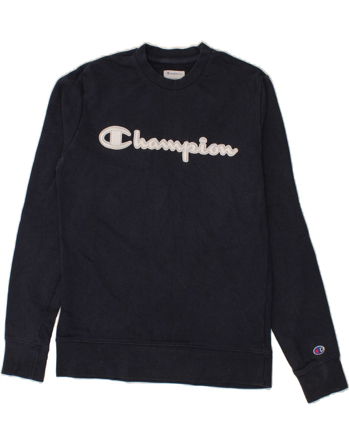 CHAMPION Mens Graphic Sweatshirt Jumper Small Navy Blue Cotton Vintage Champion and Second-Hand Champion from Messina Hembry 
