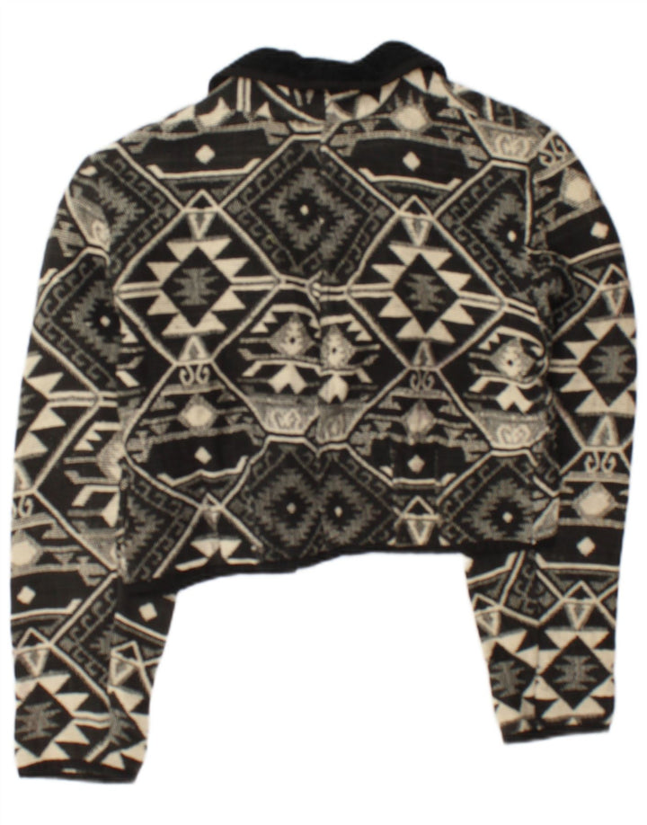Vintage ženska otvorena bomber jakna UK 14 srednje crni geometrijski pamuk