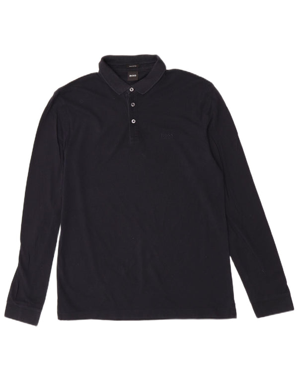 Hugo Boss Mens Long Sleeve Polo Shirt Medium Navy Blue Cotton