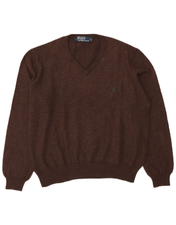 Polo Ralph Lauren Mens V-Neck Jumper Sweater Large Brown Merino Wool