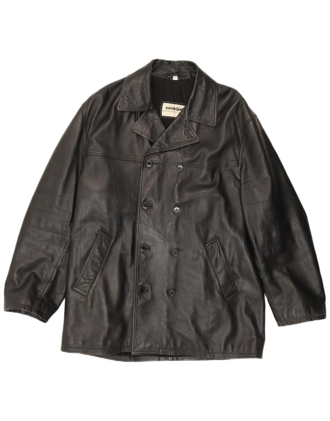 Conbipel muški kožni kaput s dvostrukim kopčanjem, veličina 52, veliki crni kožni